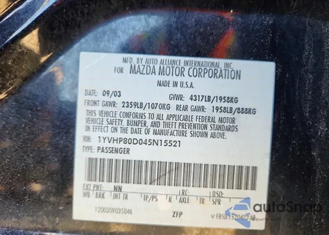 2004 Mazda 6 S z USA, uszkodzony, nr VIN 1YVHP80D045N15521